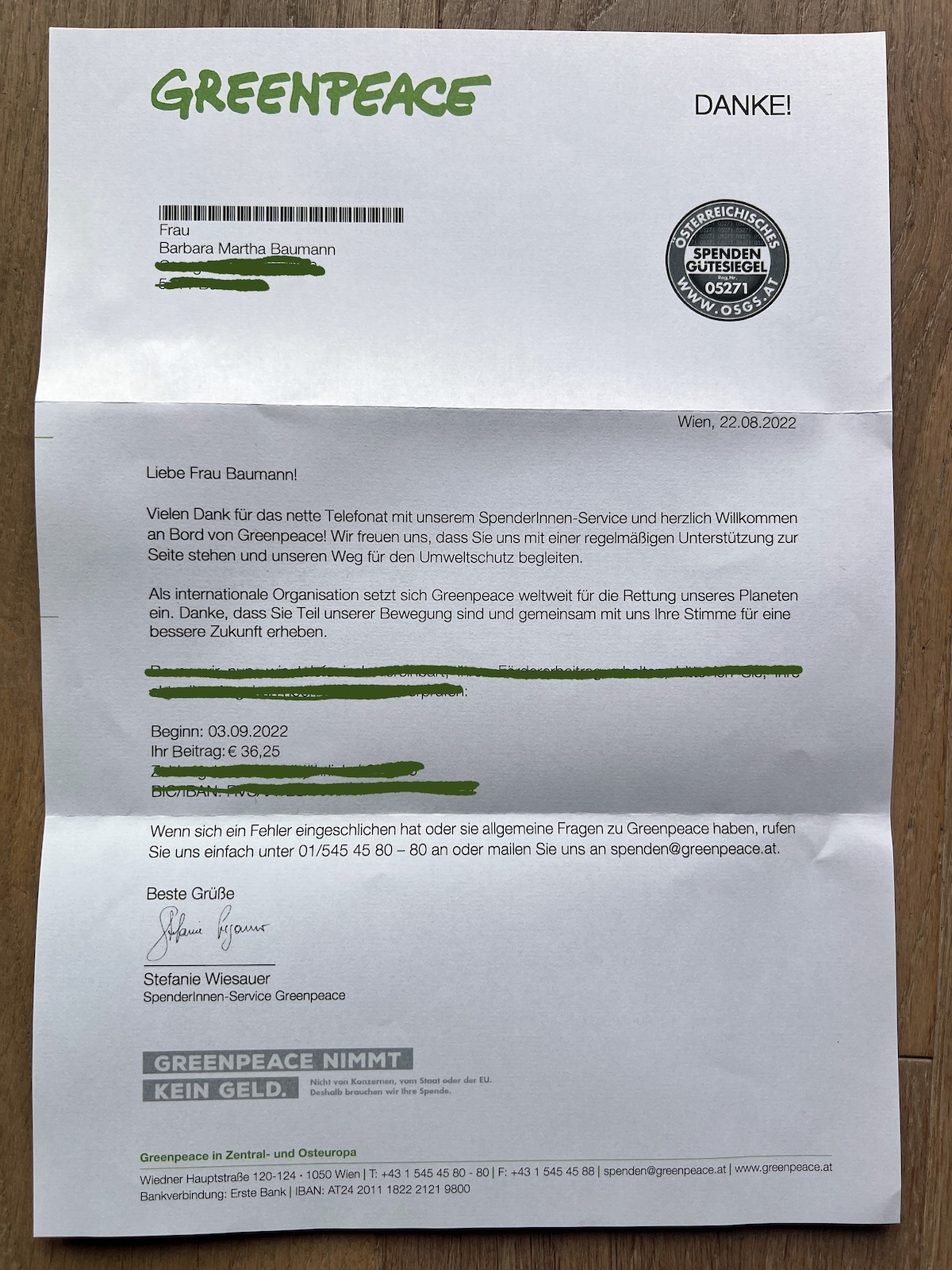 Greenpeace Bestätigung