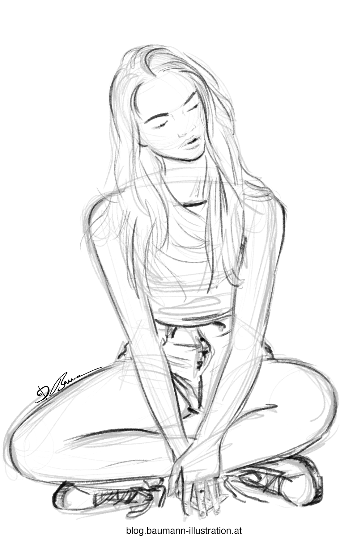Sitting girl sketch by Barbara Baumann